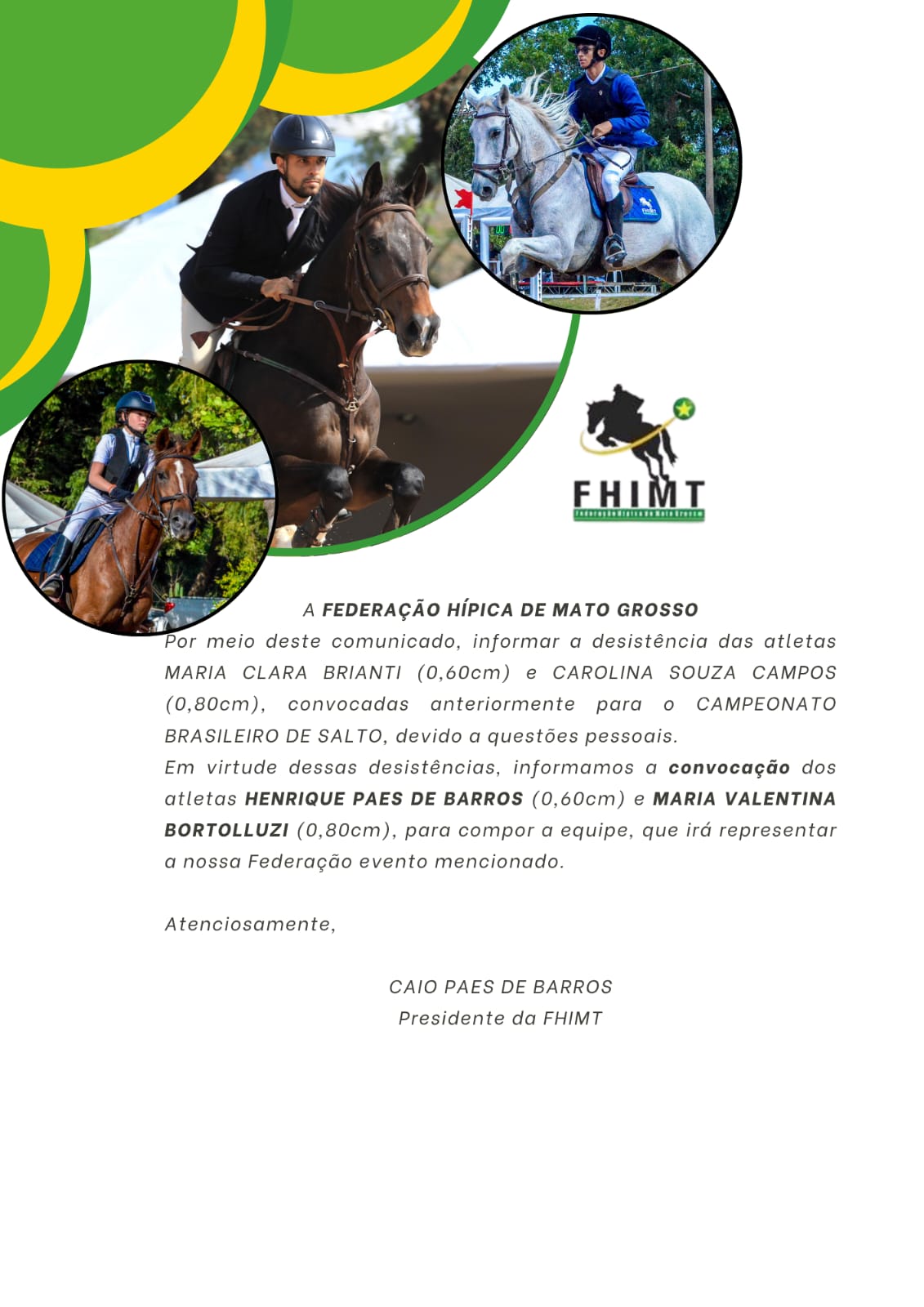 Convocação dos atletas para o Campeonato Brasileiro de Salto - CBS